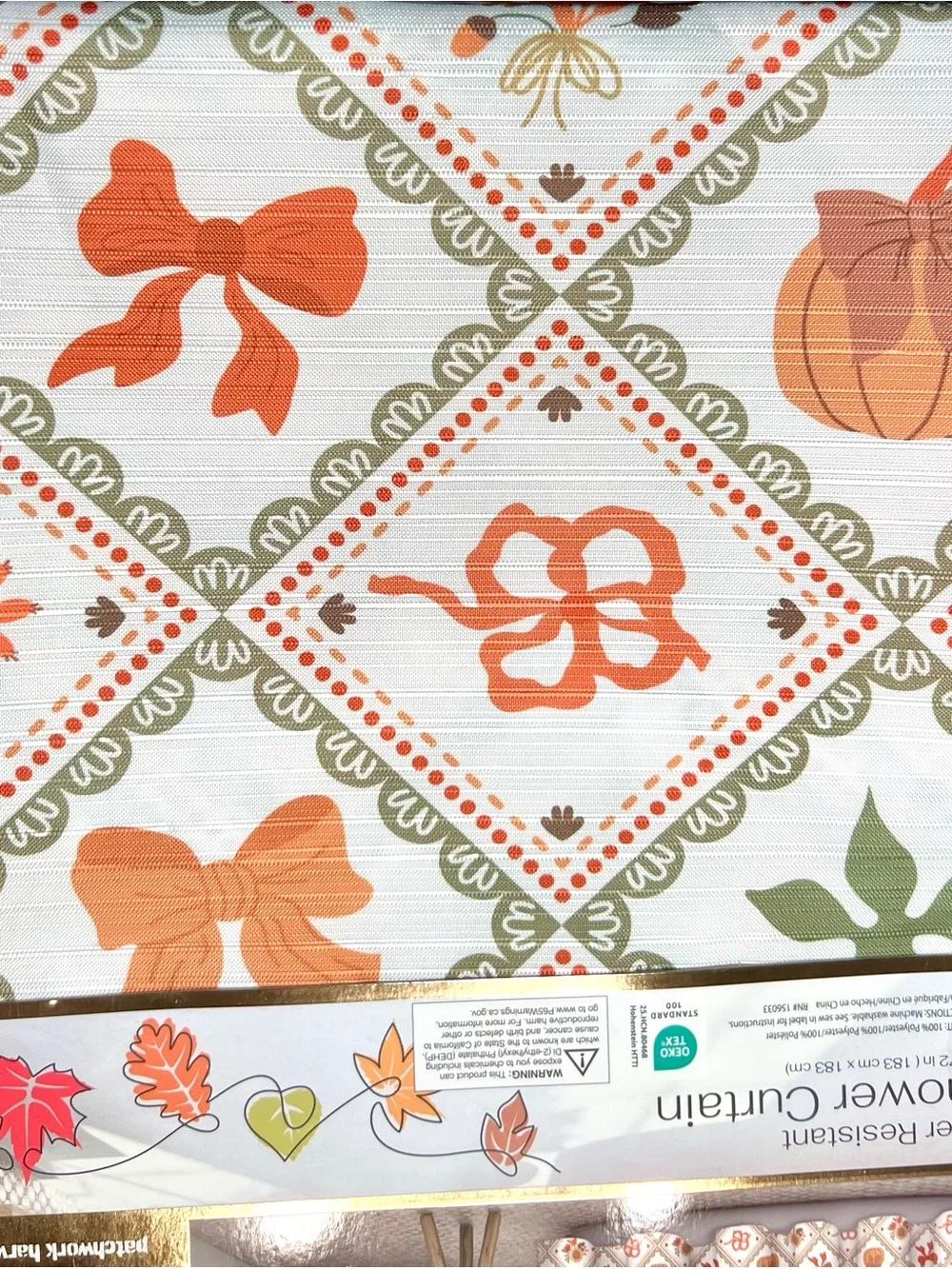 Autumn Patchwork Harvest Fabric Shower Curtain Pumpkin Ribbon Bows Leaves Flower